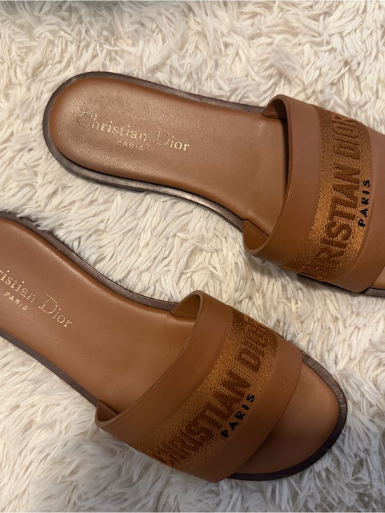 Dior Shoes - Dior Tan Leather and Fabric Logo Slide Sandals